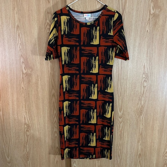 LuLaRoe Black Orange/ Yellow Geometric Pattern Stretch Midi Dress - Picture 2 of 5